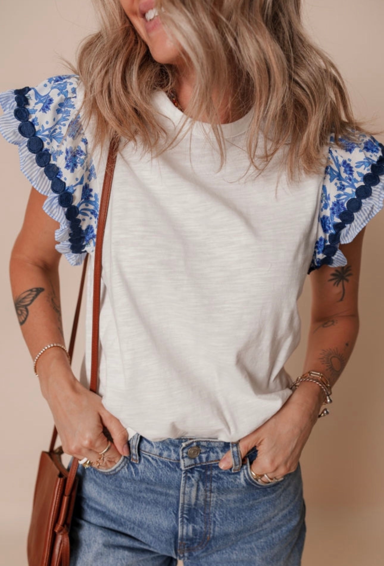 Blue Floral Striped Patchwork Flutter Sleeve