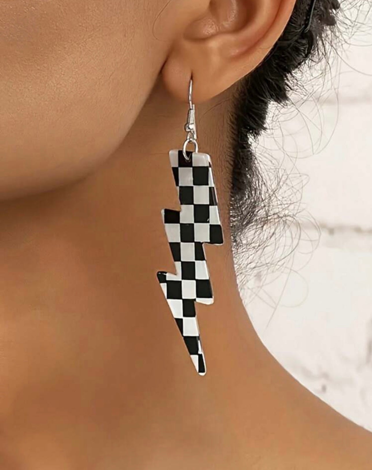 Black and White Checkered Lightning Earrings