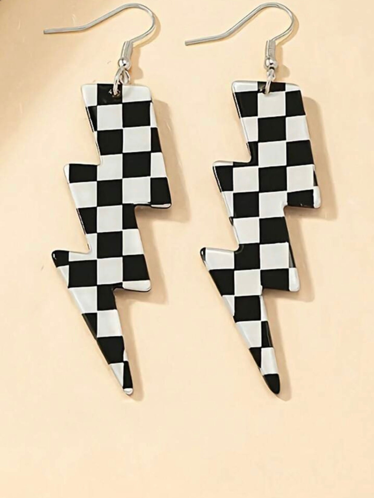 Black and White Checkered Lightning Earrings
