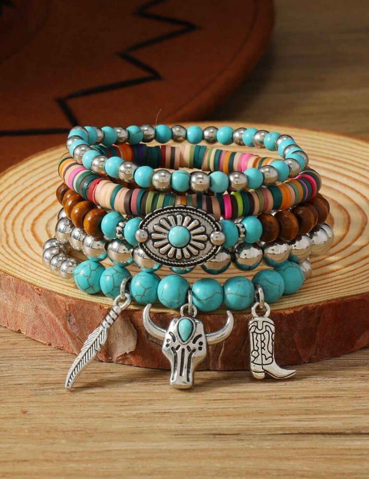 Boho Western Turquoise Wooden Bracelet 5pc set