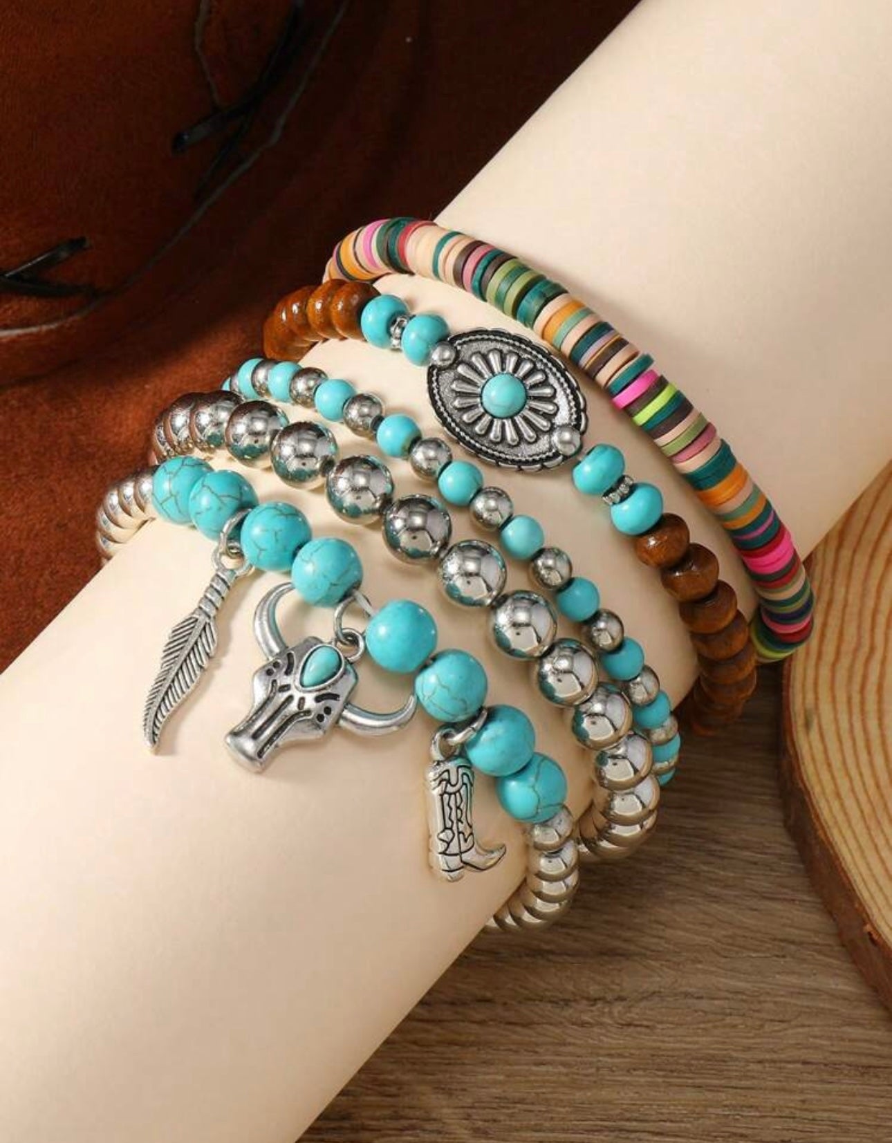 Boho Western Turquoise Wooden Bracelet 5pc set