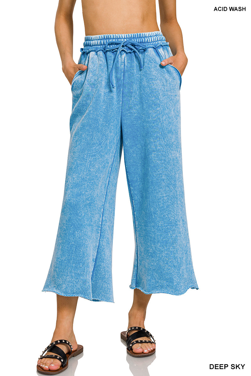 Acid wash fleece palazzo pants with pockets