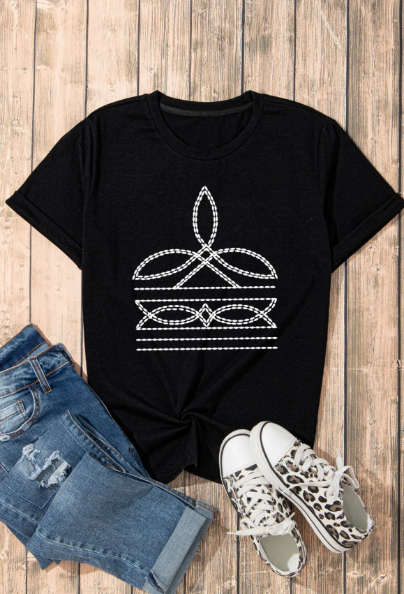 Black Western Pattern Print Slim Fit Crew Neck T Shirt