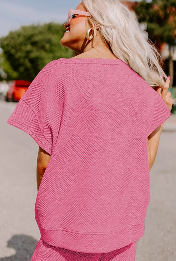 Pink Textured Loose Fit Shirt and Drawstring Pants Set