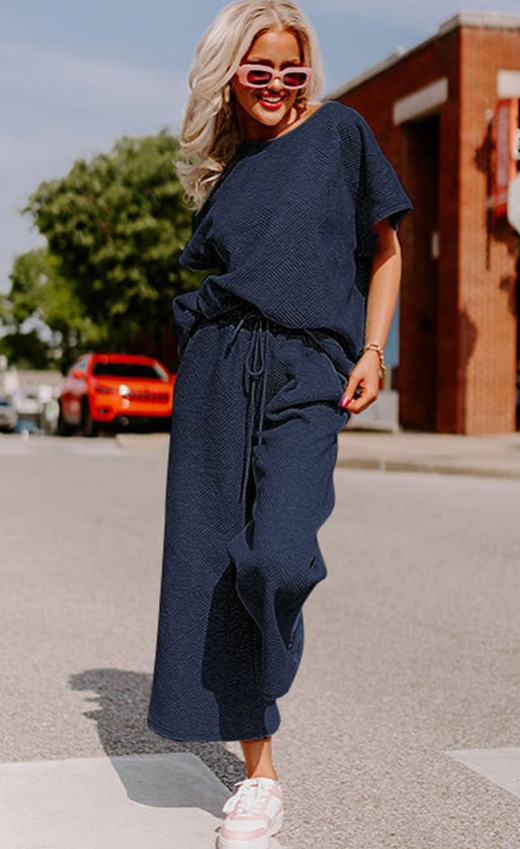 Navy Blue Textured Loose Fit Shirt and Drawstring Pants Set