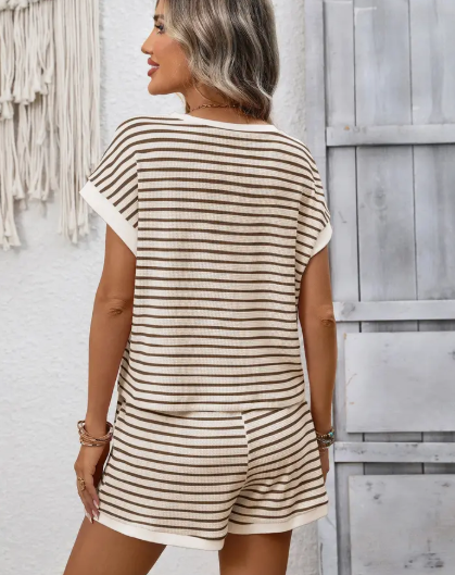 Striped Short Sleeve Top & Shorts Lounge Set