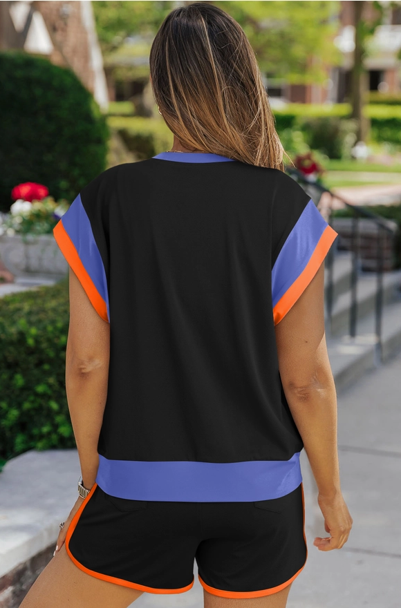 Black Contrast Trim Cap Sleeve Tee Shorts Set