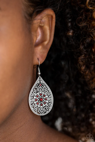 Dinner Party Posh - Red Rhinestone Filigree Earrings