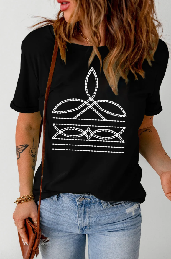 Black Western Pattern Print Slim Fit Crew Neck T Shirt