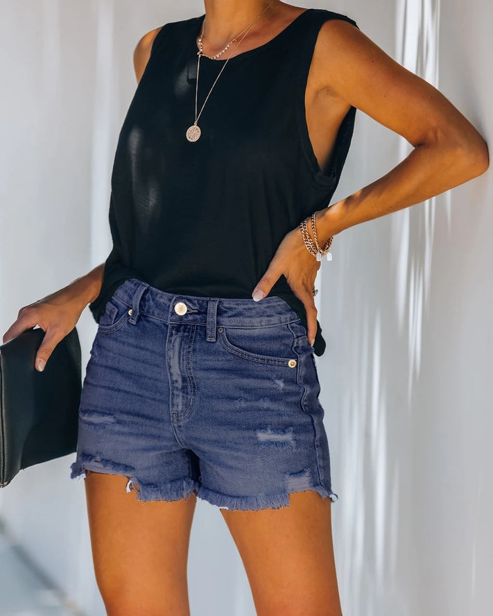High-Waisted Ripped Stretch Denim Shorts For Summer