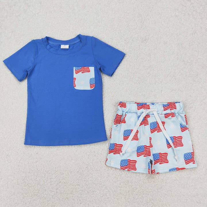 Baby Boys 4th of July Flags Pocket Shirts Shorts Clothes Set