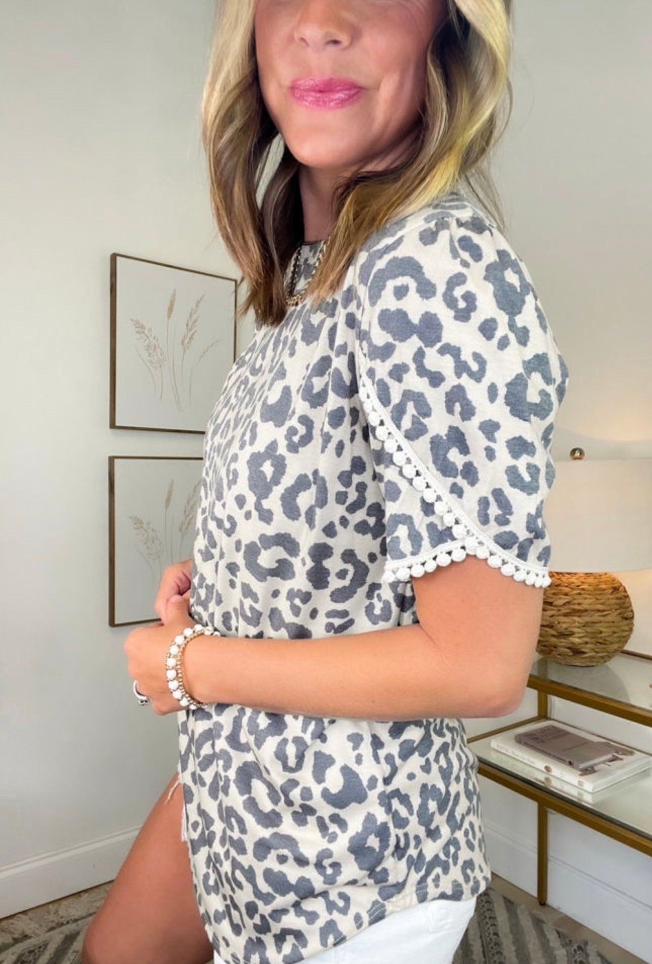 Beige Leopard Lace Trim Tulip Sleeve