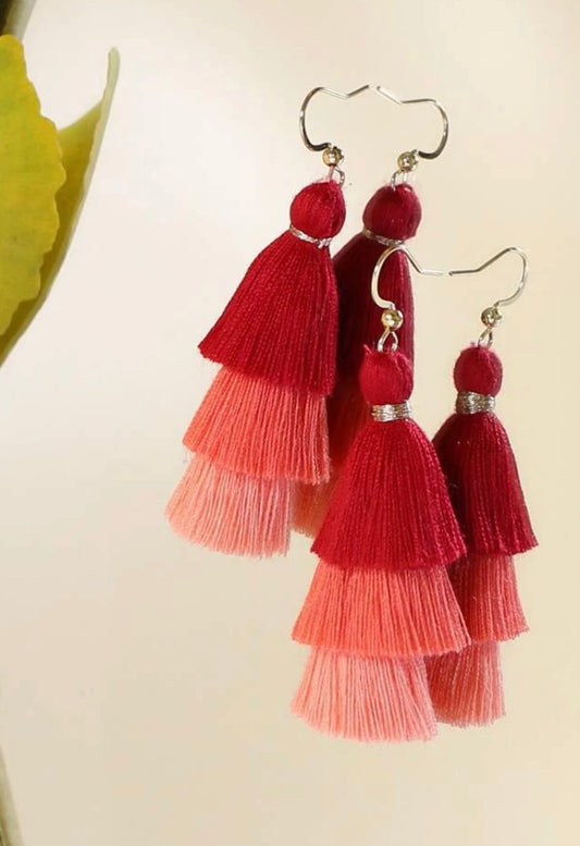 Red Tiered Tassel Drop Earrings
