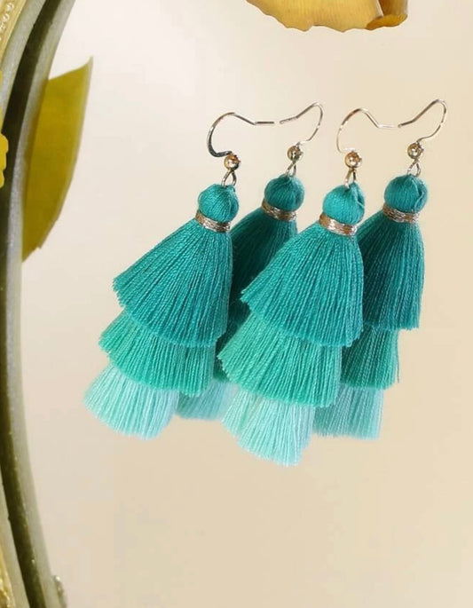 Green Tiered Tassel Drop Earrings