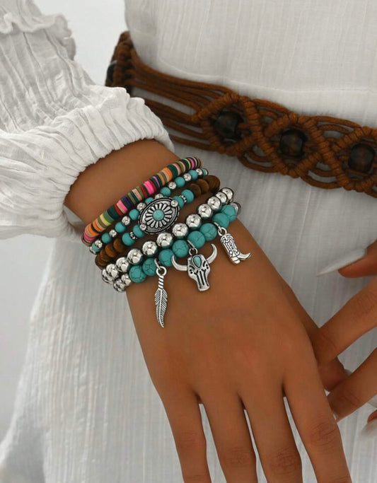 Boho Western Turquoise Wooden Bracelet 5pc set