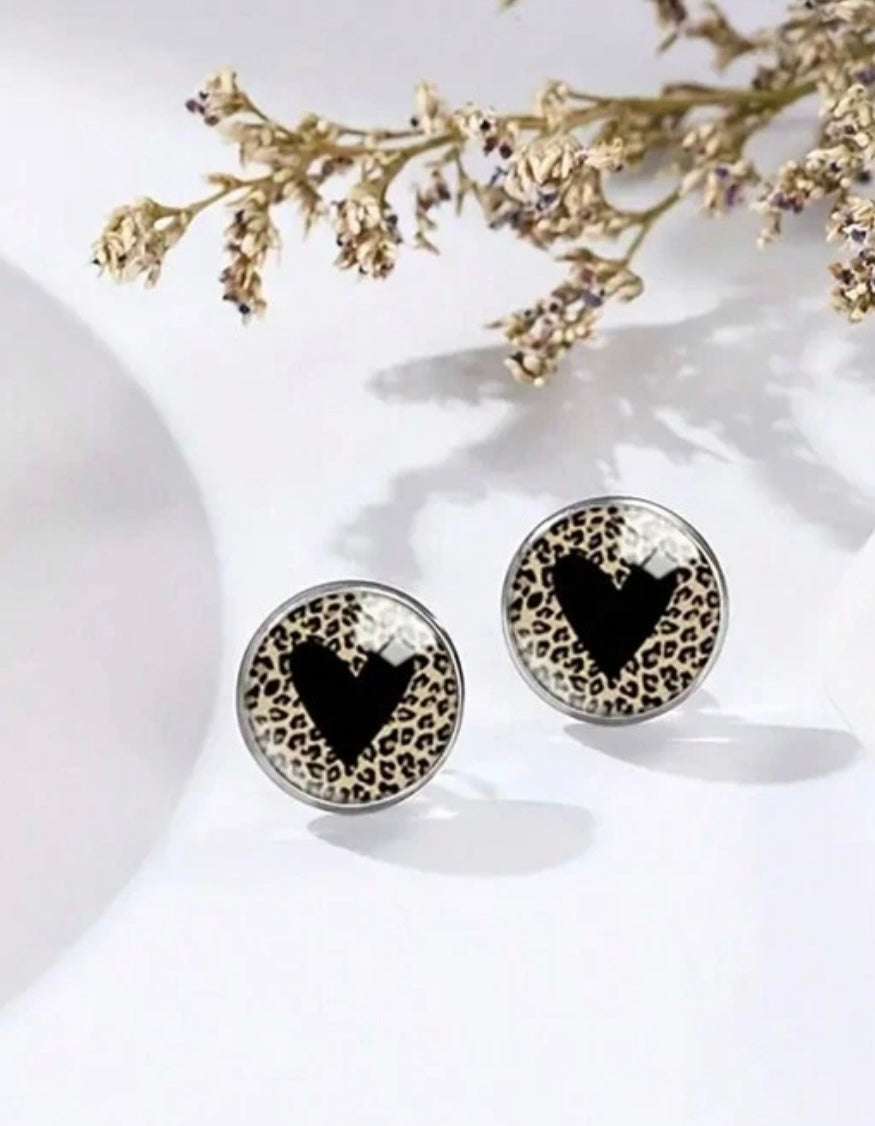 Black Heart and Leopard Post Earring