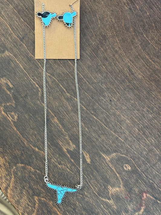teal cow head necklace and earring set