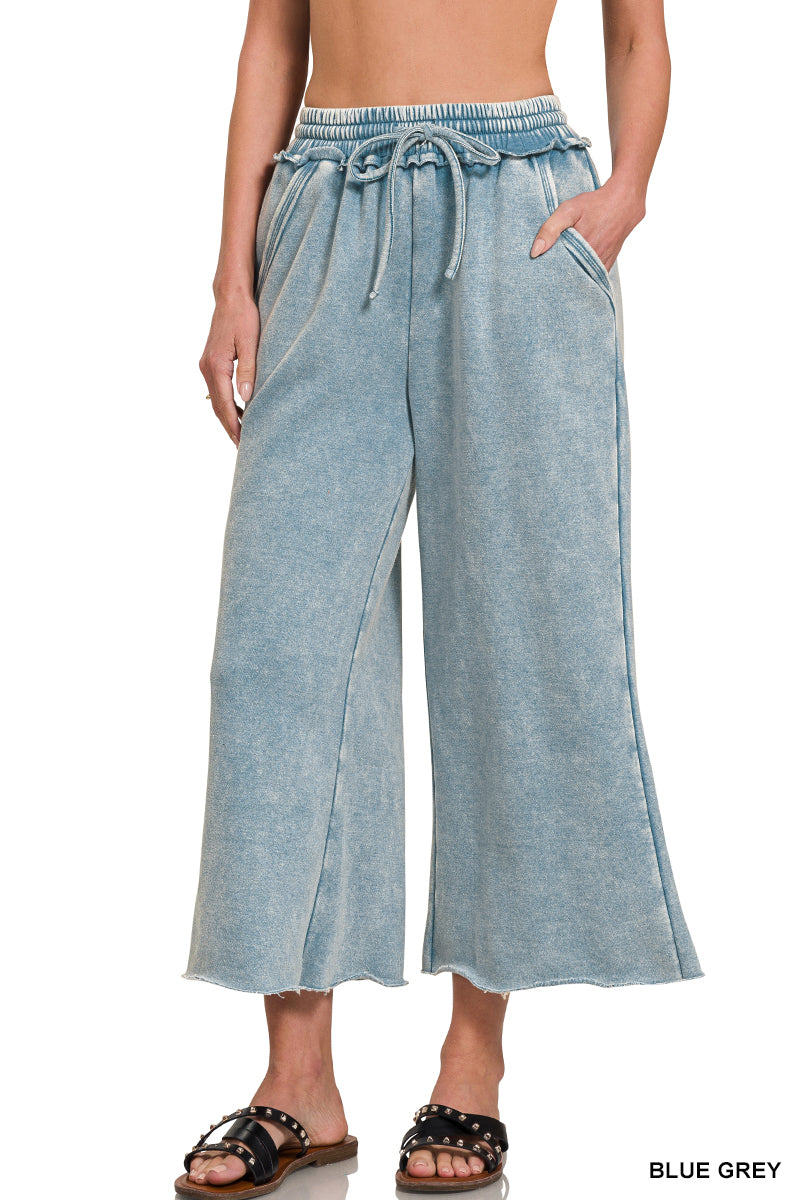 Acid wash fleece palazzo pants with pockets