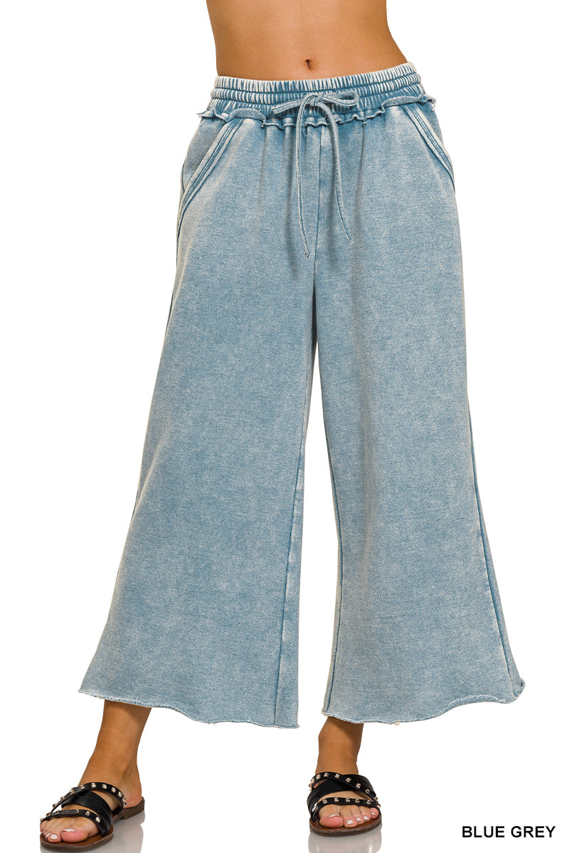 Acid wash fleece palazzo pants with pockets