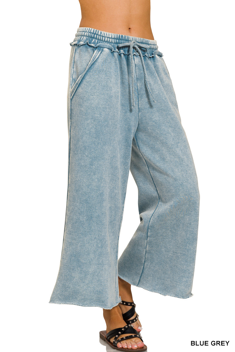 Acid wash fleece palazzo pants with pockets