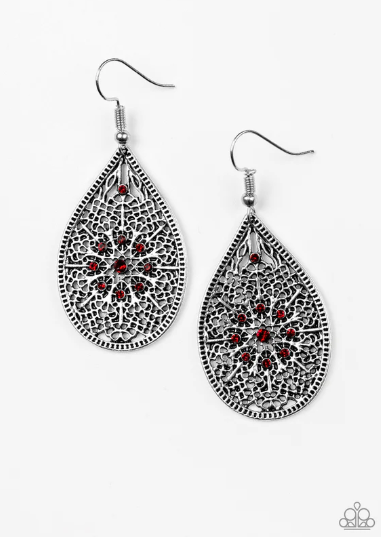 Dinner Party Posh - Red Rhinestone Filigree Earrings