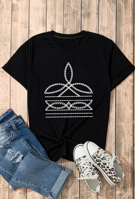 Black Western Pattern Print Slim Fit Crew Neck T Shirt