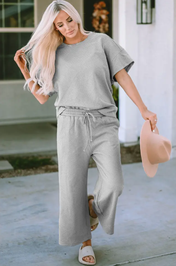 Gray Textured Loose Fit Shirt and Drawstring Pants Set