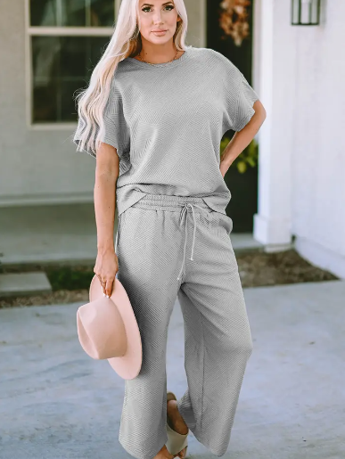 Gray Textured Loose Fit Shirt and Drawstring Pants Set