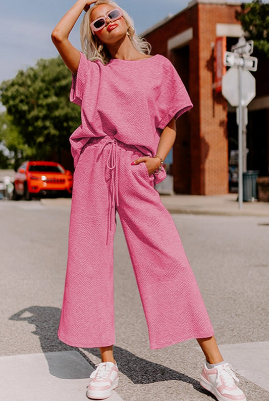 Pink Textured Loose Fit Shirt and Drawstring Pants Set