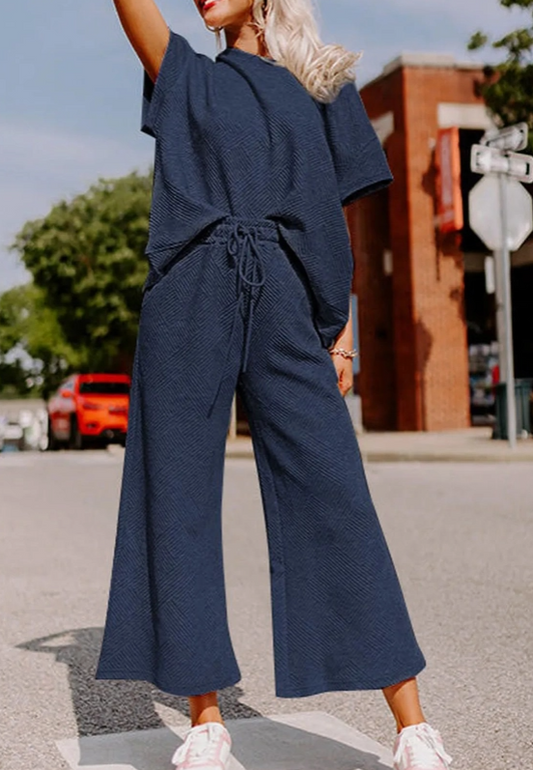 Navy Blue Textured Loose Fit Shirt and Drawstring Pants Set