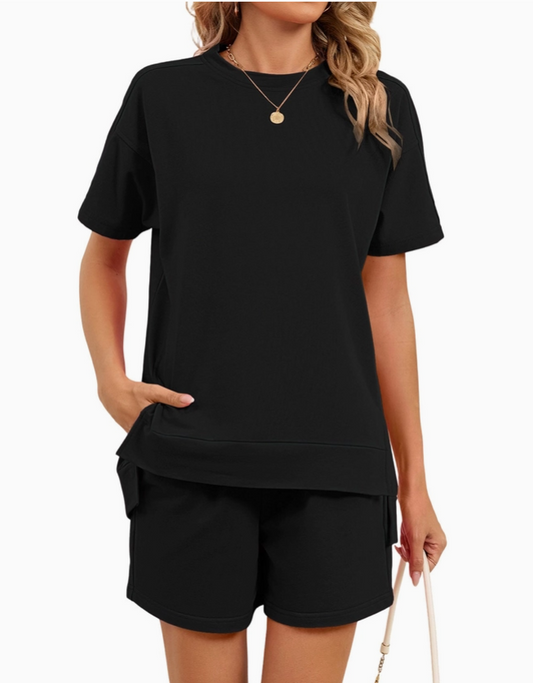Casual Tee & Drawstring Shorts 2 Piece Lounge Set