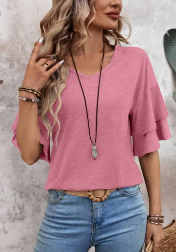 Ruffle Sleeve Polyester Top Trendy Pink Casual Blouse