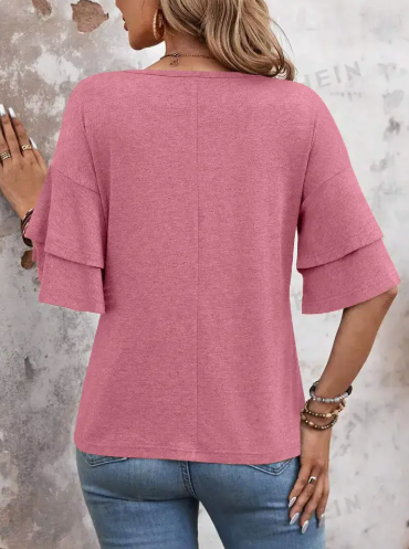 Ruffle Sleeve Polyester Top Trendy Pink Casual Blouse
