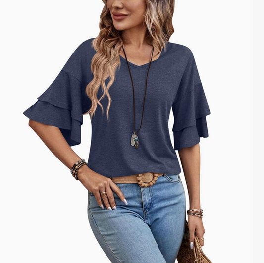 Summer V Neck Ruffle Sleeve Loose Fit Women’S Top