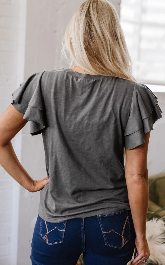 Dark Grey Layered Ruffle Short Sleeve Round Neck Top