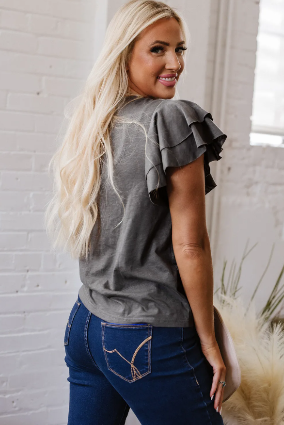 Dark Grey Layered Ruffle Short Sleeve Round Neck Top
