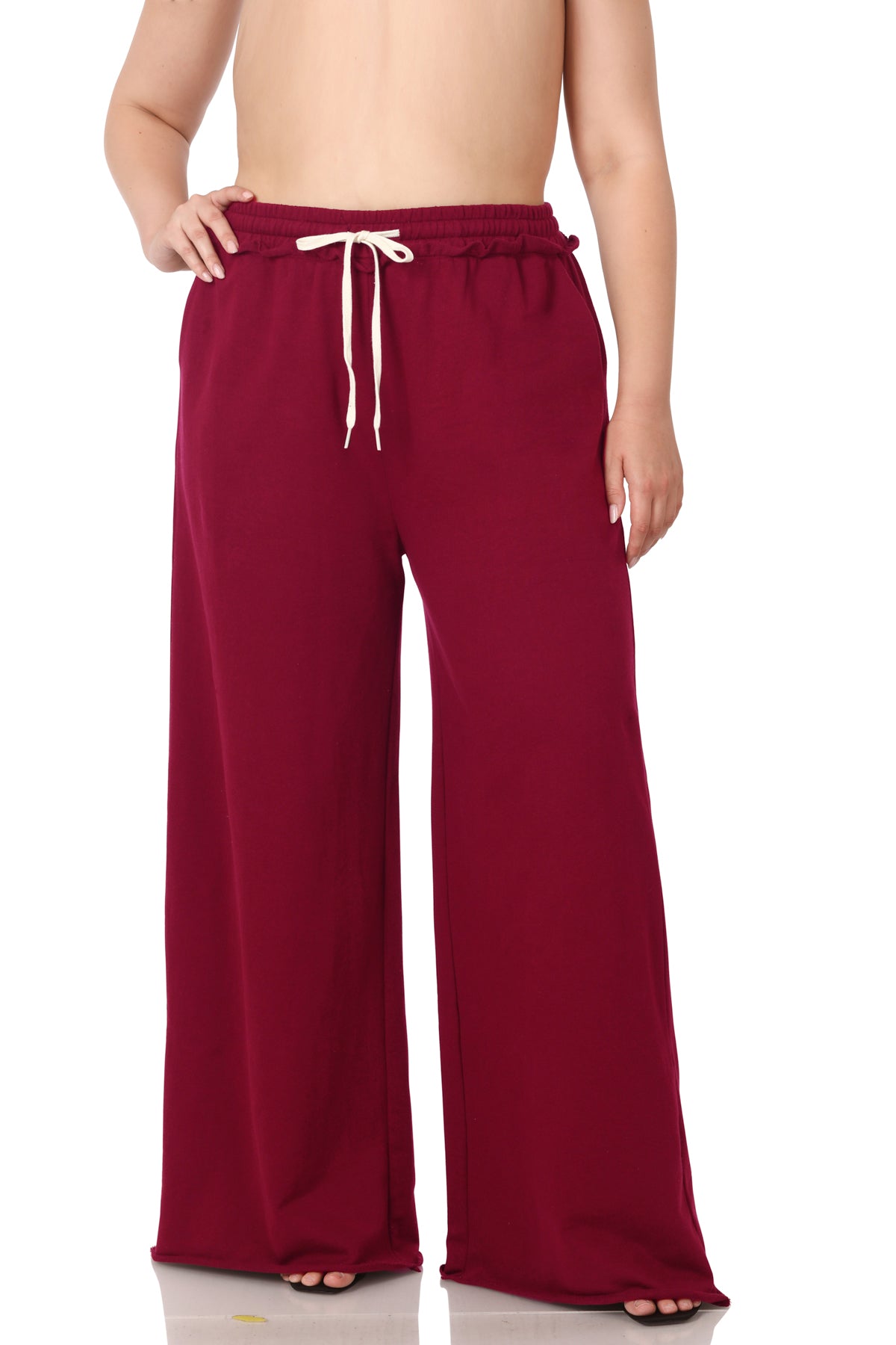 plus f/terry drawstring waist raw edge hem pants