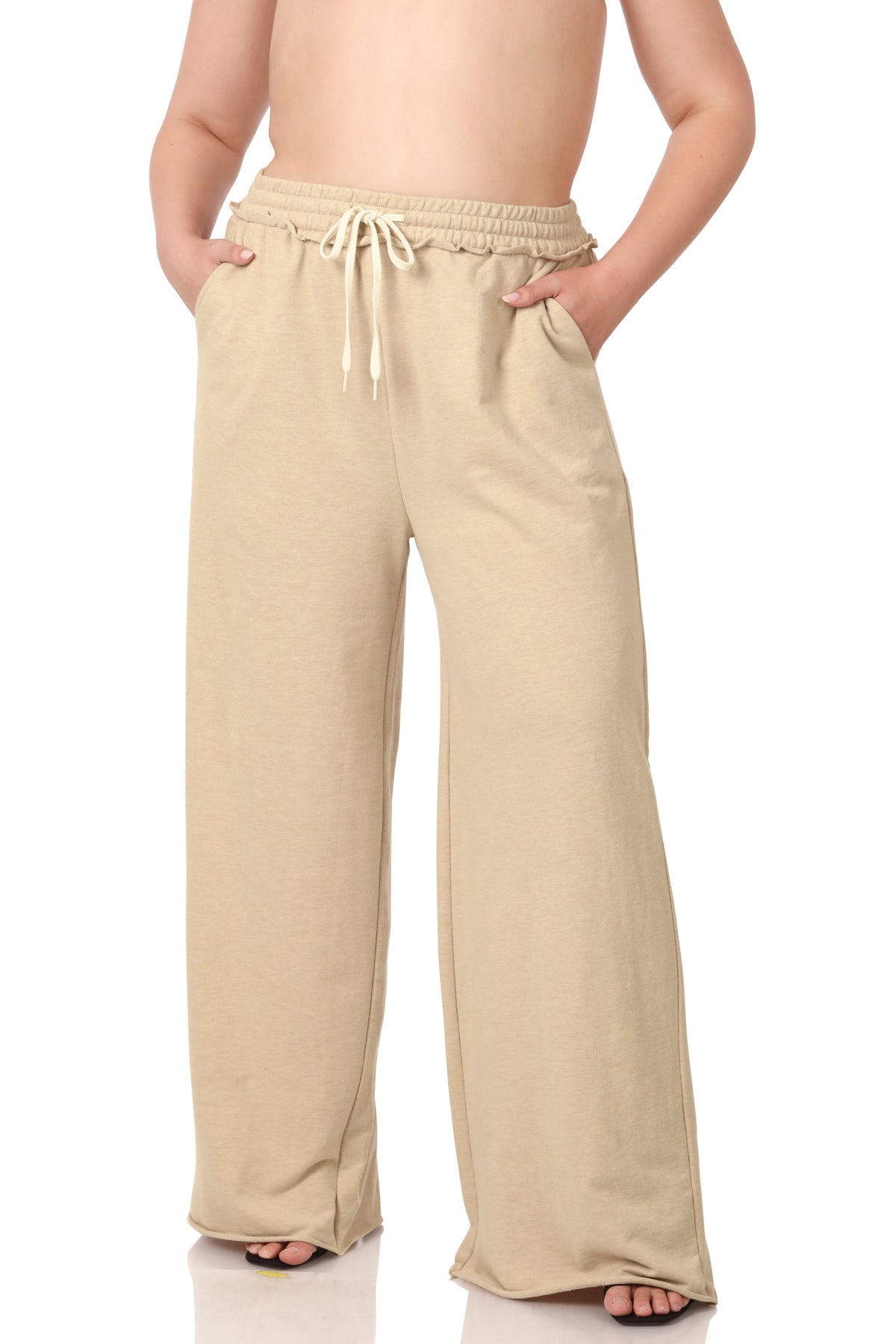 plus f/terry drawstring waist raw edge hem pants