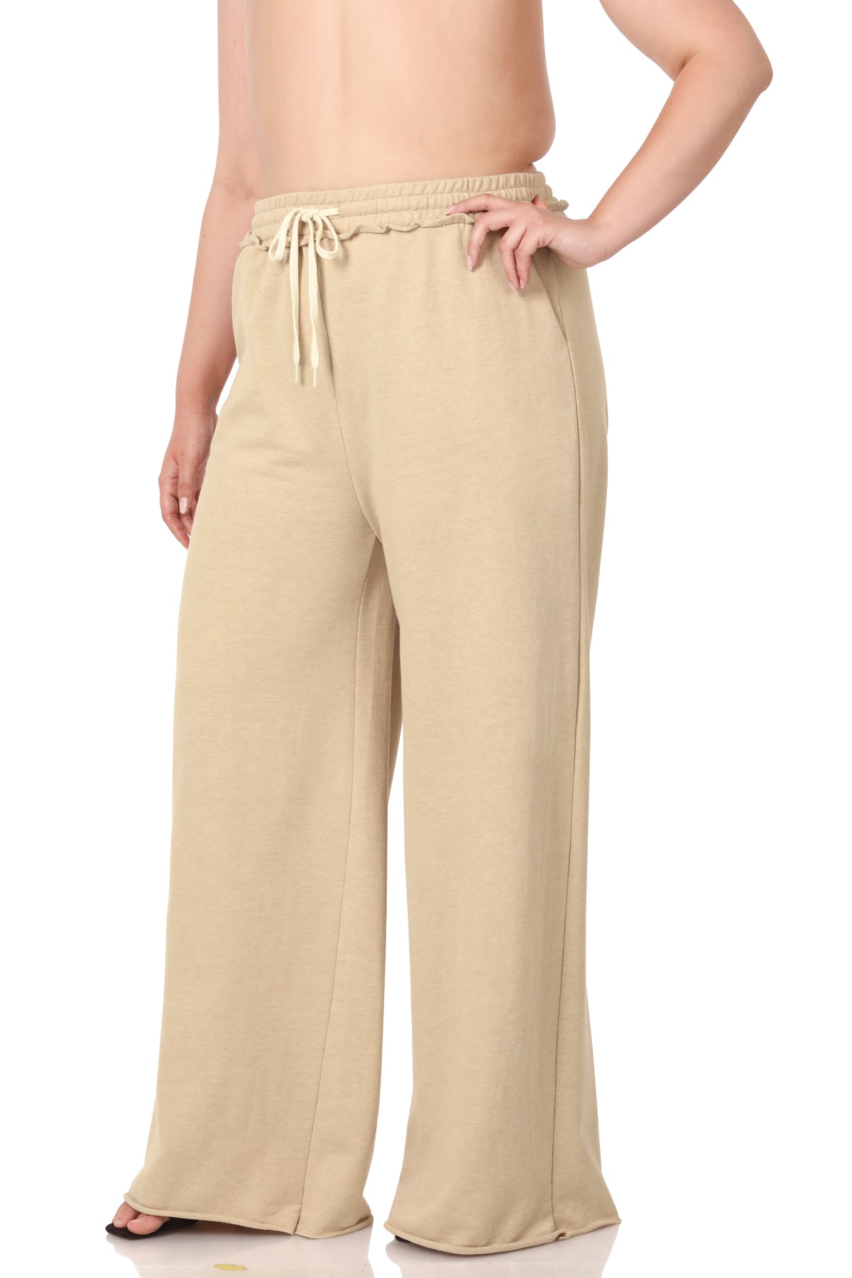 plus f/terry drawstring waist raw edge hem pants