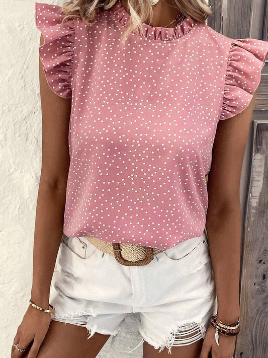 Pink Polka Dots Ruffle Flutter Sleeve Frilled Neck Blouse