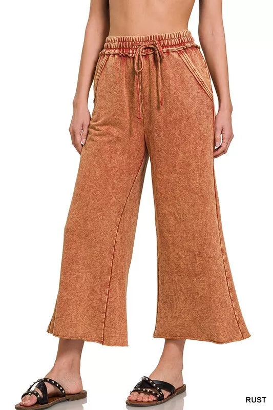 ZENANA RUST MINERAL WASHED FRENCH TERRY WIDE LEG PANTS/CROP