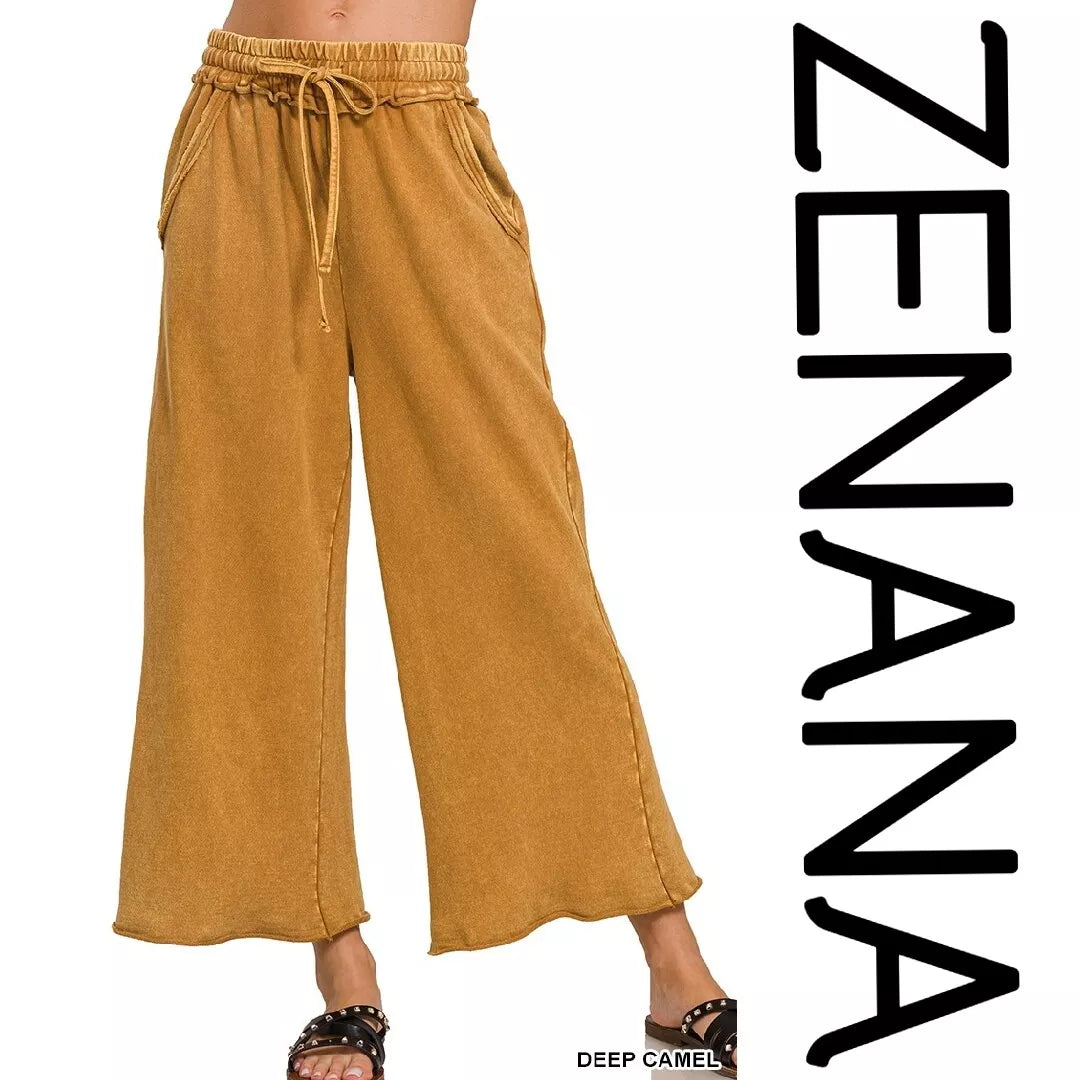 ZENANA DEEP CAMEL MINERAL WASHED FRENCH TERRY WIDE LEG PANTS/CROP