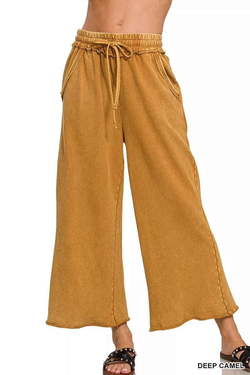 ZENANA DEEP CAMEL MINERAL WASHED FRENCH TERRY WIDE LEG PANTS/CROP