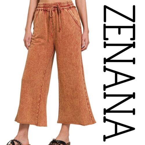 ZENANA RUST MINERAL WASHED FRENCH TERRY WIDE LEG PANTS/CROP